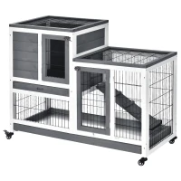 PawHut Wooden Rabbit Hutch Elevated Bunny Cage Indoor Small Animal Habitat with Enclosed Run with Wheels, Ramp, Gray(m-1)