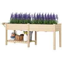 Outsunny Raised Garden Bed, Wood Planter Box with Side Table, Bottom Shelf, Bed Liners and Drainage Holes, Natural(m-2)