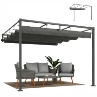 Outsunny 10' x 10' Retractable Pergola Canopy, Wall-Mounted Pergola, Outdoor Sun Shade Shelter for Garden, Balcony, Dark Grey(m-9)