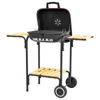 Outsunny Charcoal BBQ Grill Rolling Barbecue Trolley Smoker with Wheels, 2 Side Shelves and a Bottom Shelf, Black and Red(m-2)