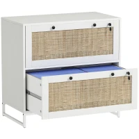 Vinsetto 2-Drawer Filing Cabinet with Lock, Rattan File Cabinet with Adjustable Hanging Bar, White(m-10)
