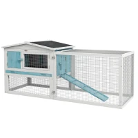 PawHut Wooden Rabbit Hutch Guinea Pig House with Removable Tray, Openable Roof, Trough, Run for Tortoises and Ferrets, Blue(m-9)
