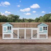 PawHut 102" 2 in 1 Wooden Rabbit Hutch Double Main House Pet Playpen Large Bunny House Enclosure for Indoor Outdoor with Run Box, Slide-out Tray, Ramp, for Rabbits and Small Animals, Blue(m-9)
