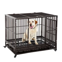 PawHut 42" Heavy Duty Dog Crate Metal Cage Kennel with Lockable Wheels, Double Door and Removable Tray, Brown(m-10)