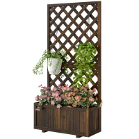 Outsunny 2.4 x 1 x 4.9 ft Garden Wooden Pine Trough Planter with Topped Trellis Climbing Plants Flower Raised Bed, Carbonized(m-11)