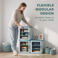 Qaba Toy Storage Organizer, 3 Tier Adjustable Toy Storage Cabinet Dustproof HDPE Plastic, Transparent Door, Light Blue(m-7)