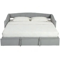 HOMCOM Upholstered Twin Size Trundle Bed, Velvet Twin to King Day Bed with Pop Up Trundle, Headboard and 2 Pockets, Light Grey(m-9)