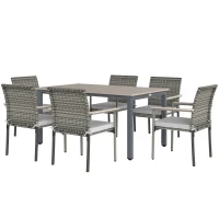 Outsunny 7 Pieces Wicker Outdoor Furniture Set, Rattan Patio Dining Set with Cushions, Umbrella Hole for Garden Backyard, Grey(m-2)