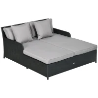 Outsunny Patio Rattan Double Lounge Daybed, Outdoor Wicker Armrests Chaise Lounge for 2-Person with Cushion & Pillow, Grey(m-9)