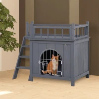 PawHut 2-Level Wooden Cat House, Outdoor Dog Shelter Cat Condo with Lockable Wire Door and Balcony, Grey(m-10)