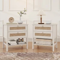 HOMCOM Set of 2 Boho Bedside Tables, Rattan Nightstands with 2 Drawers, Storage Shelf, End Side Tables for Bedroom, White Oak(m-1)