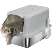 PawHut 2 in 1 Stainless Steel Cat Litter Box with Removable Lid, Scoop, Filter Bags, for Small to Large Cats, Gray(m-13)
