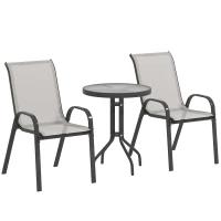 Outsunny 3 Pieces Bistro Set, Small Patio Furniture Set with Stackable Mesh Chairs, Glass Table for Garden, Balcony, Light Grey(m-9)