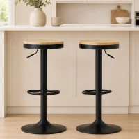 HOMCOM Wood Barstools Set of 2, Swivel Bar Stools with Adjustable Height for Kitchen Counter, Natural Wood and Black(m-1)