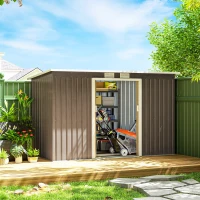 Outsunny 9' x 4' Garden Metal Storage Shed Outdoor Equipment Tool Box with Foundation Kit, Ventilation & Doors, Light Grey(m-8)