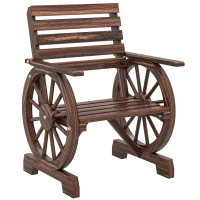 Outsunny Wood Outdoor Patio Chair, Lounge Chair with Wagon Wheel Armrests, Slatted Wide Seat, Slanted Backrest, Carbonized(m-9)