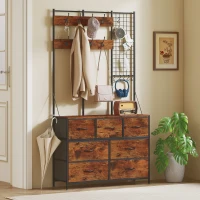HOMCOM 4-In-1 Coat Rack with 7 Drawer Fabric Dresser, Hall Tree with 14 Hooks for Hallway, Entryway, Rustic Brown(m-8)
