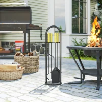 Outsunny Fireplace Tools Set, 5 Pieces Fireside Accessories with Brush, Shovel, Poker, A Pair of Tongs, Stand, Gold(m-1)