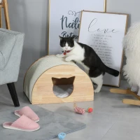 PawHut Wooden Cat House Kitten Condo with Cat-Shaped Entrance Sisal Scratching Carpet Soft Cushion, Natural(m-10)