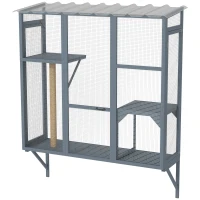PawHut Wooden Catio Outdoor, Cat Window Box Enclosure for 2-3 Large Cats with 2 Jumping Platforms & Scratching Post, Grey(m-2)