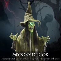 Outsunny Animatronics Hanging Witch, Voice-Activated Prop, Flashing Eyes & Wicked Laughter, Scary Halloween Decoration, Green(m-4)