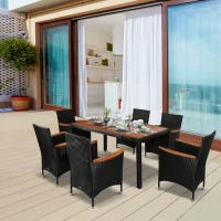 Outsunny 7 Pieces Wicker Patio Dining Set Outdoor Furniture Set with Removable Cushions, Acacia Wood Top Dining Table, PE Rattan Conversation Set for Garden Poolside, Black(m-1)