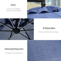 Outsunny 10ft Cantilever Solar Hanging Offset Umbrella Outdoor LED Lights Aluminum Market Banana Parasol Crank w/ Cross Base Garden Sun Shelter Blue(m-4)
