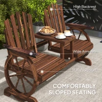 Outsunny Wooden Outdoor Loveseat, Wagon Wheel Outdoor Bench with Table, Carbonized(m-6)