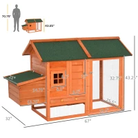PawHut 67" Wooden Chicken Coop Outdoor Chicken House Small Animal Rabbit Habitat Hen House Poultry Cage with Removable Tray Openable Nesting Box Backyard(m-3)
