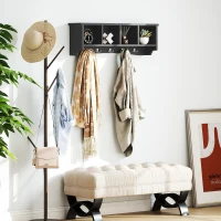 HOMCOM Coat Rack Wall Mount with Shelf, 28" Wall Coat Rack with 5 Hooks and 4 Compartments for Living Room, Entryway, Black(m-7)