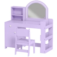 Qaba Kids Vanity Set, Toddler Dressing Table and Chair Set  with Lighted Mirror, Cabinet, Drawer and Shelves, Purple(m-2)