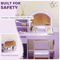 Qaba Kids Vanity Set, Toddler Dressing Table and Chair Set  with Lighted Mirror, Cabinet, Drawer and Shelves, Purple(m-7)