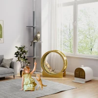 PawHut Floor-to-Ceiling Cat Tree Cat Climbing Tower with Sisal-Covered Scratching Posts Natural Cat Activity Center, Gray(m-8)