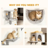 PawHut Cat Wall Shelves, 4 Pcs Cat Wall Furniture Set with Scratching Posts, Condo, Hammock, Perchs, Light Grey(m-6)