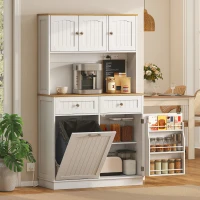 HOMCOM 68" Pantry Cabinet with Charging Station, Storage Cabinet with Microwave Stand, 10 Gallon Trash Can Cabinet, White(m-1)