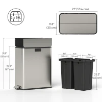 HOMCOM Dual Trash Can with Soft-Close Lid, Garbage Can with Removable Inner Bucket for Kitchen 2 x 7.4 Gal (2 x 28 L), Silver(m-3)