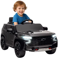 Aosom Licensed Chevrolet Tahoe Kids Ride on Car, 12V 7AH Toddler Electric Car with Parent Remote Control, 3 Speeds, Spring Suspension, LED Light, Horn, Music, Black(m-2)