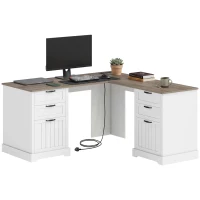 HOMCOM L Shaped Computer Desk with Power Outlets & USB Charging, Corner Desk with 6 Drawers, Hanging Bar, Brown and White(m-2)