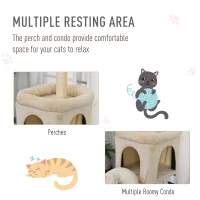 PawHut 3- Levels Plush Cat Tree Tower Ladder Shape Activity Center with Sisal Scratching Posts 3 Condos Funny Sticks and Balls, Beige(m-6)