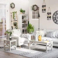 HOMCOM Farmhouse Coffee Table with Tempered Glass Table Top, 2-tier Center Table with Bottom Storage Shelf for Living Room, Bedroom(m-4)