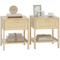 HOMCOM Narrow Nightstand with Rattan Elements, Bedside Table with Drawer and Storage Shelf for Bedroom, Set of 2, Natural Wood(m-9)