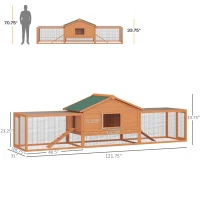 PawHut 122" Large Wooden Rabbit Hutch Bunny Hutch 2-Story Pet House Cage with Ramps, Lockable Doors, Run Area and Asphalt Roof for Outdoor Use, Natural(m-3)