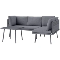 Outsunny 3 Pieces Outdoor Furniture Set, L Shaped Wicker Patio Furniture Conversation Set with Cushions, Steel Table, Grey(m-9)