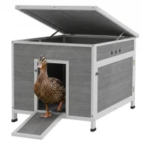 PawHut Duck Coop, Wooden Chicken House Rabbit Hutch with Openable Roof, Removable Floor, Double Doors, Ramp, Grey(m-9)