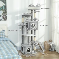 PawHut 65 Inch Cat Tree with 2 Doors Condos, Plush Top Perch, Hammock, Sisal Scratching Posts, 4 Pompoms, Ramp, Grey(m-3)