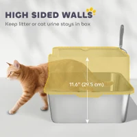 PawHut Stainless Steel Litter Box, XL High Sided Cat Litter Box with Scoop, Anti Leakage & Easy to Clean, 24" x 16" x 12", Grey(m-5)