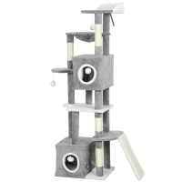 PawHut 65 Inch Cat Tree with 2 Doors Condos, Plush Top Perch, Hammock, Sisal Scratching Posts, 4 Pompoms, Ramp, Grey(m-2)