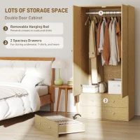 HOMCOM Modern Wardrobe Closet Armoire with 2 Drawers and Hanging Rod, Clothes Storage Organizer for Bedroom, Natural Wood(m-4)
