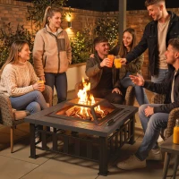 Outsunny 34" Outdoor Square Firepit Steel Stove Portable with Spark Screen Cover Log Grate Poker and Rain Cover for Outside Wood Burning and Camping Black(m-8)