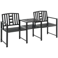 Outsunny Steel Garden Bench w/ Middle Table, Umbrella Hole, Double Seat for Outdoor, Patio, Backyard  Weather-Resistant Frame, Black(m-2)
